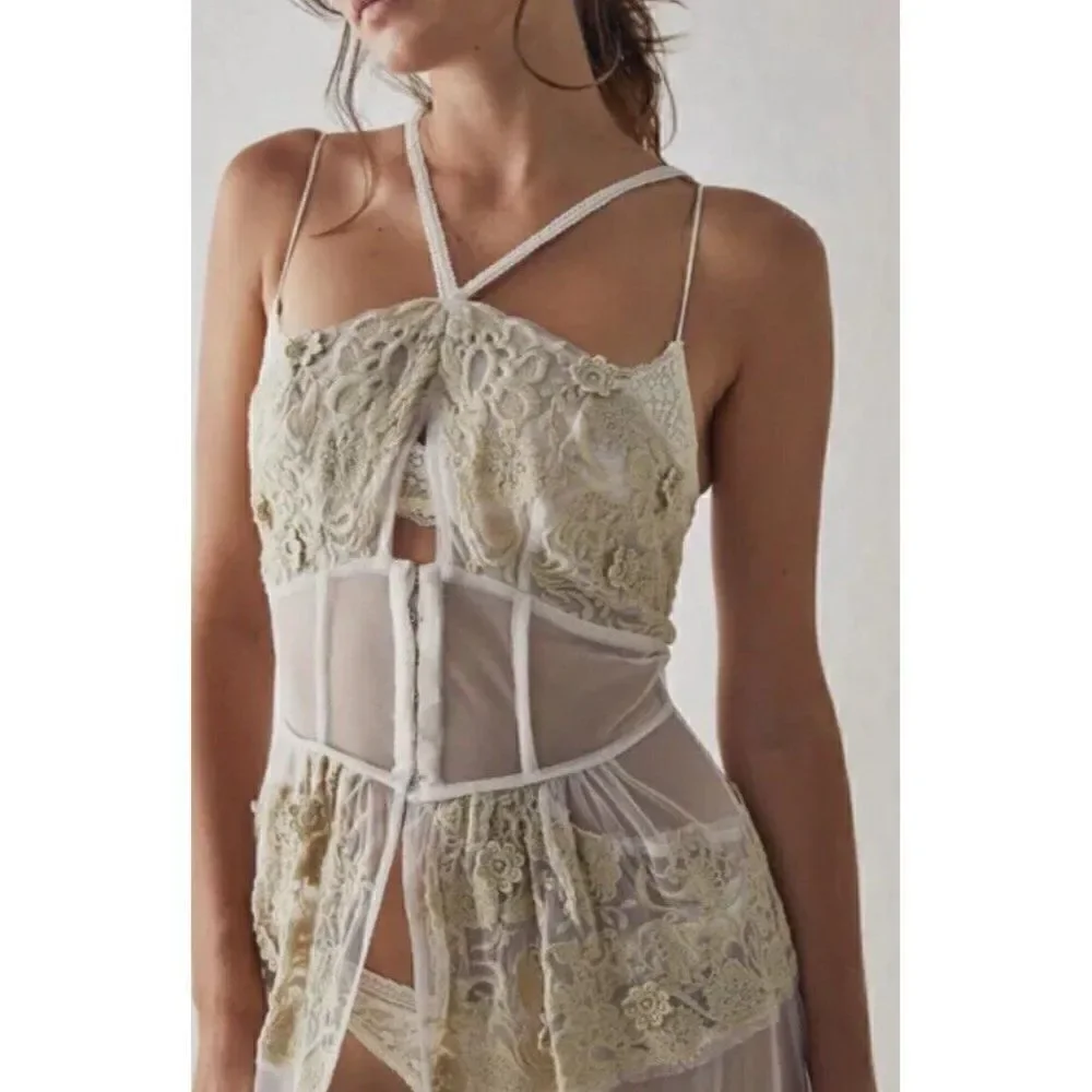 NWT FREE PEOPLE Sz S NEW ROMANTICS EMBROIDERED TUNIC DUSTER CORSET SLIP MAXI TOP